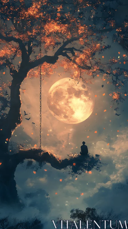 Moonlit tree canopy frames solitary figure in atmospheric glow