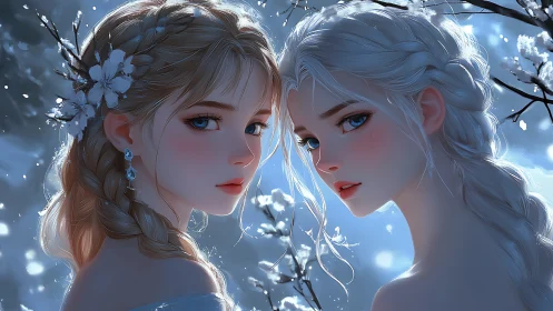 Winter-lit twin portraits with braided hair and frosted blossoms