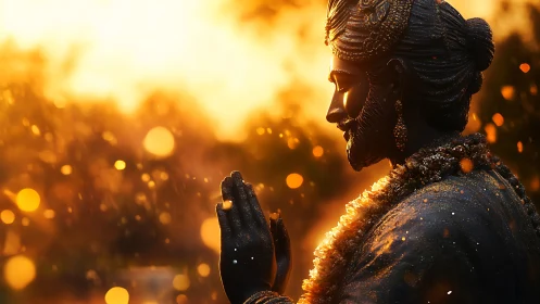 Golden backlight sculpts praying deity statue in warm bokeh field