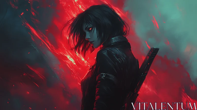 Midnight blade bearer in a storm of red embers.