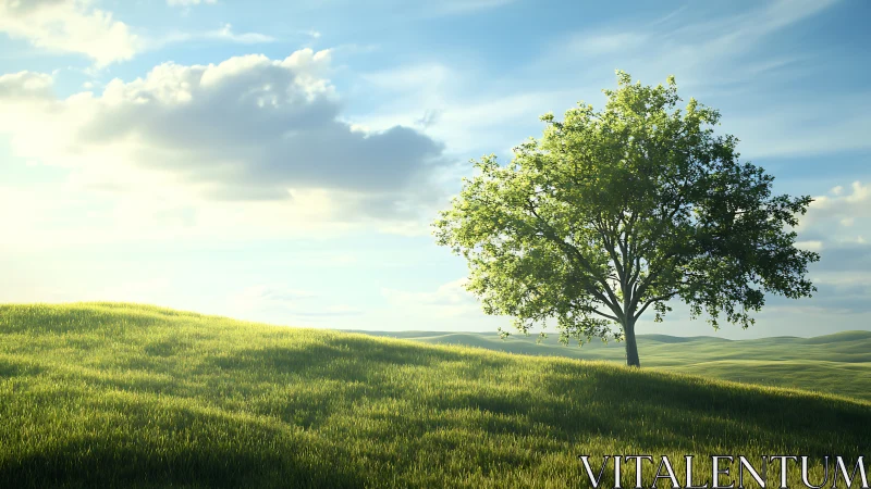 Single green tree stands on sunlit grassy hillside