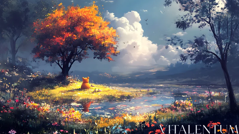 Bear figure by autumn tree near reflective pond landscape.