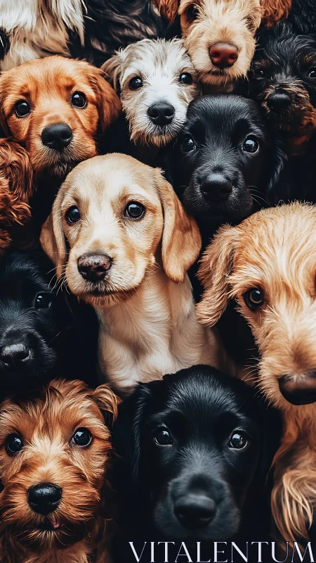Clustered close-up view shows multiple young dogs’ faces
