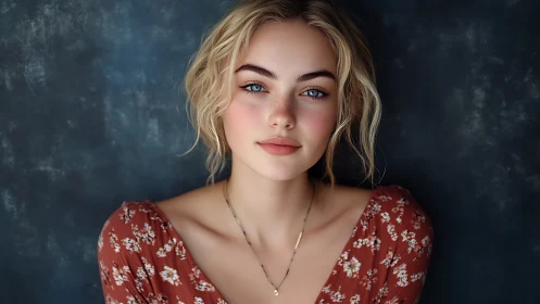 Freckled daydream muse in soft-focus floral calm portrait.