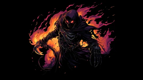 Hooded skeletal figure advances with scythe against flames