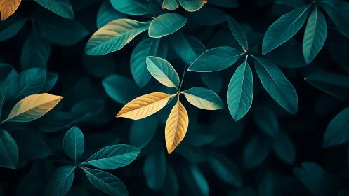 Gold and teal leaves form luminous abstract forest pattern.