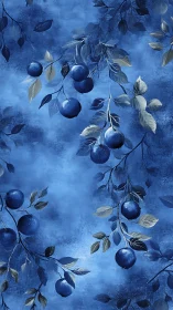 Monochrome blue fruit branches on textured painterly background.