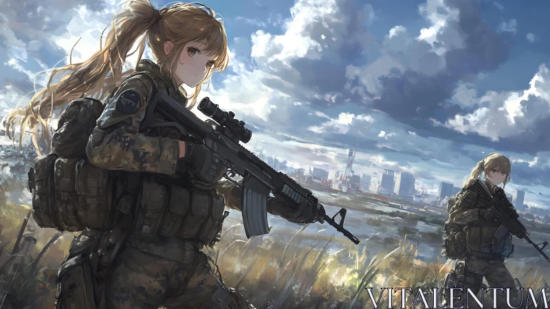 Anime tactical operators in windswept urban-edge landscape.