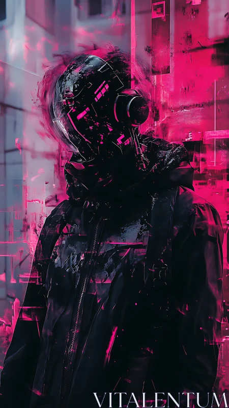 Hooded figure in dark gear amid neon magenta glitches.