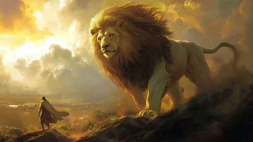 Golden sky watches a giant lion guard a lone traveler