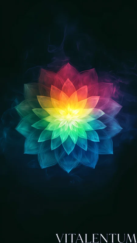 Radiant rainbow mandala blooms from a dark cosmic void.