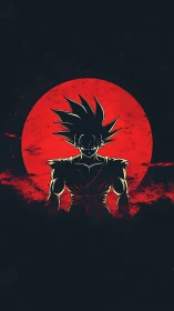 Silhouetted spiky haired fighter before large red sun.