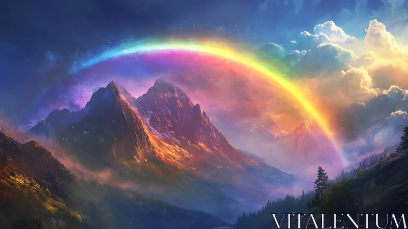 Prismatic arc crowns dream-forged mountains in stormy light.