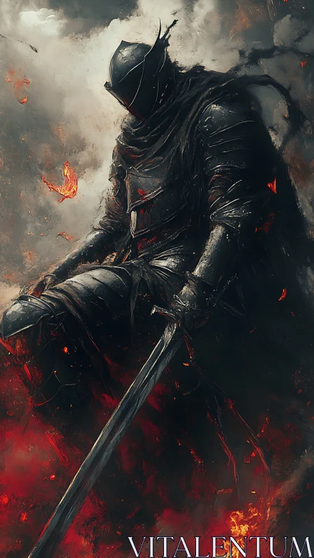 Armored knight with greatsword stands over burning ground