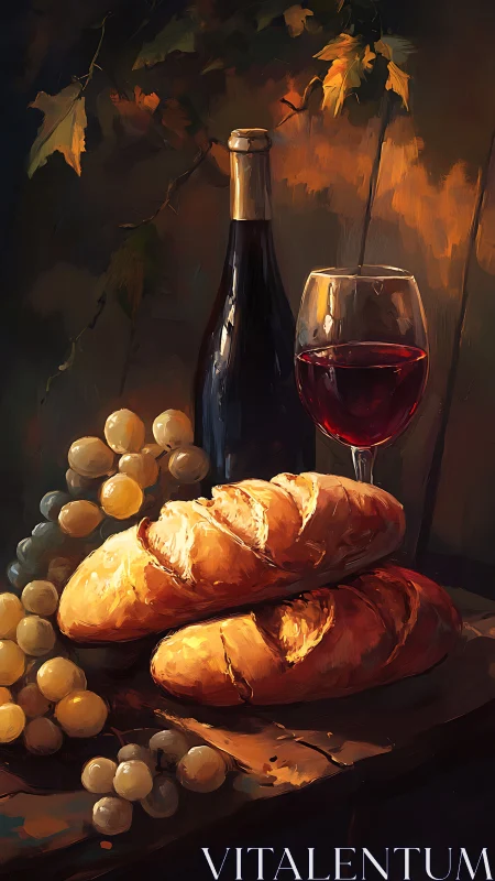 Wine, Bread, and Grapes Glow in Warm Autumn Light