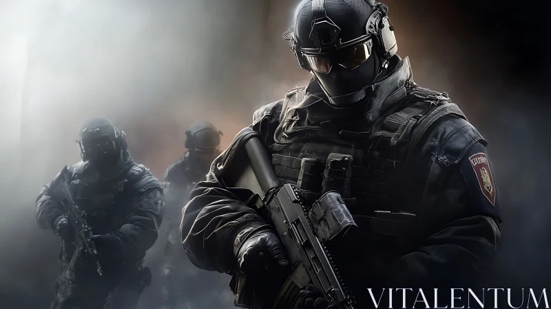 Tactical assault team advances through dense atmospheric smoke.