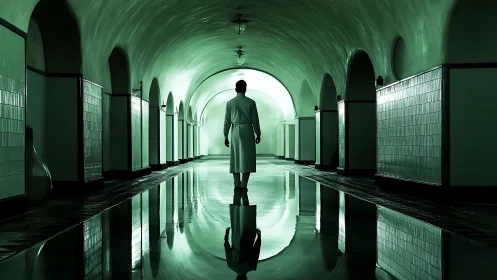 Solitary figure in green-lit vaulted corridor reflection.