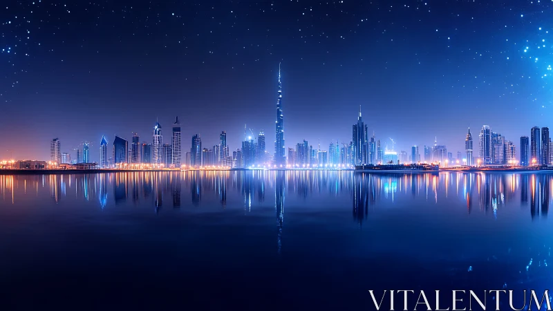 Futuristic waterfront skyline glows beneath a clear starry night