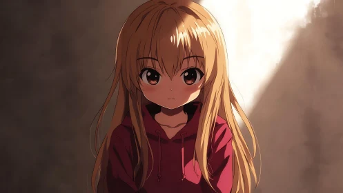 Soft light catches a shy anime girl in quiet reflection