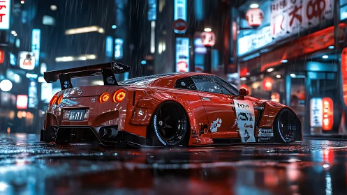 Midnight drift beast gleams in neon soaked Tokyo rain.