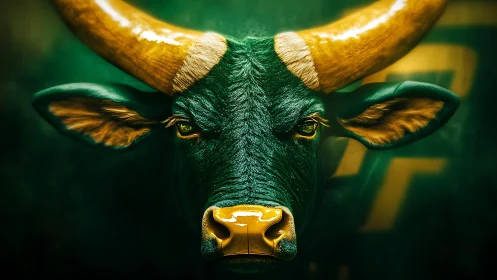 Green and gold bull head rendering on dark background.