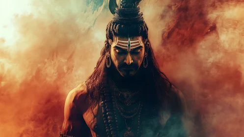 Storm-eyed ascetic in ember mist, carved from mythic fire.