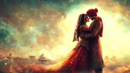 Couple in traditional attire positioned against luminous architectural backdrop
