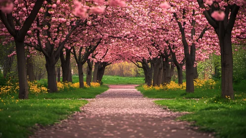 Cherry blossom pathway lined with pink flowering trees.