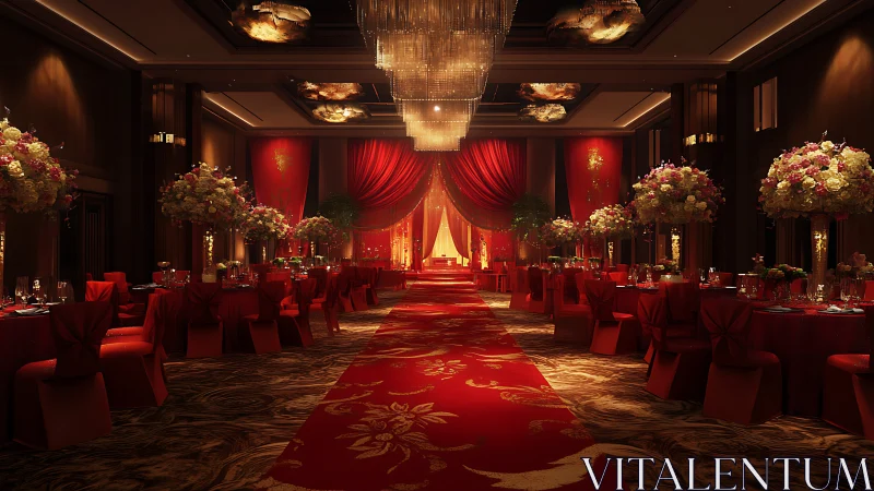 Grand red wedding hall glows with lush flowers and soft light