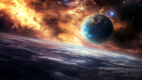 Dramatic exoplanet horizon rendered with luminous nebular light