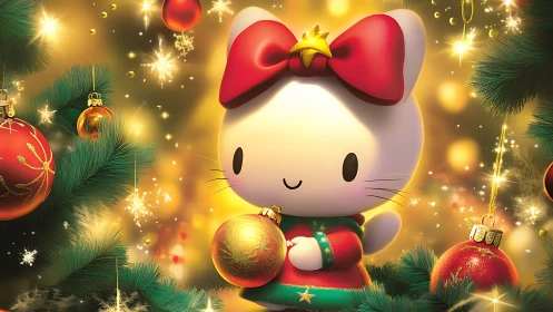Cute white cartoon cat holding Christmas bauble ornament.