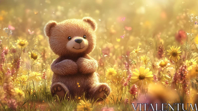 Cute teddy bear sitting in bright wildflower meadow scene.