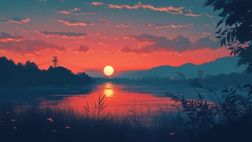 Digital painting sunset over river with silhouetted foliage framing.