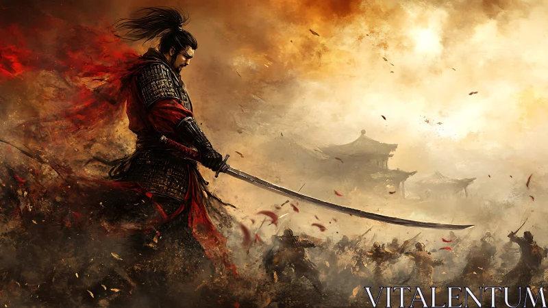 Lone warrior meets a blazing battlefield with quiet resolve