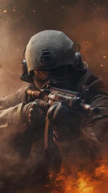 Tactical soldier advances through fire and smoke in battle.