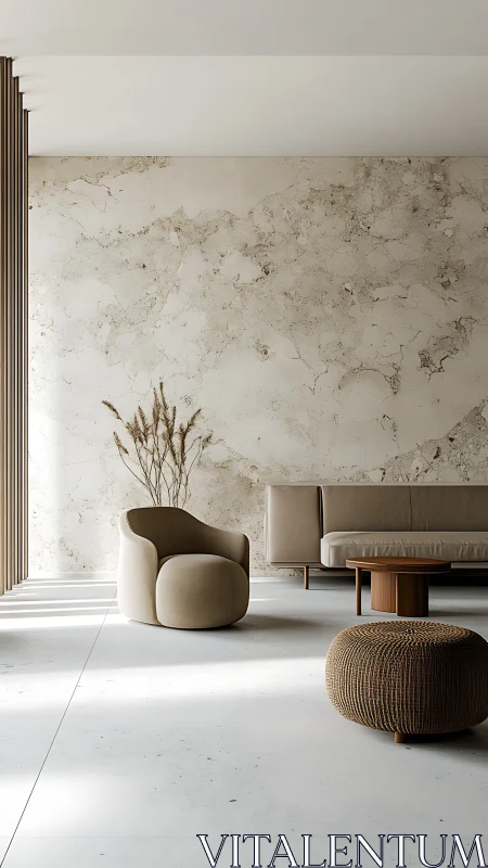 Minimalist lounge with neutral palette, soft forms and diffuse daylight