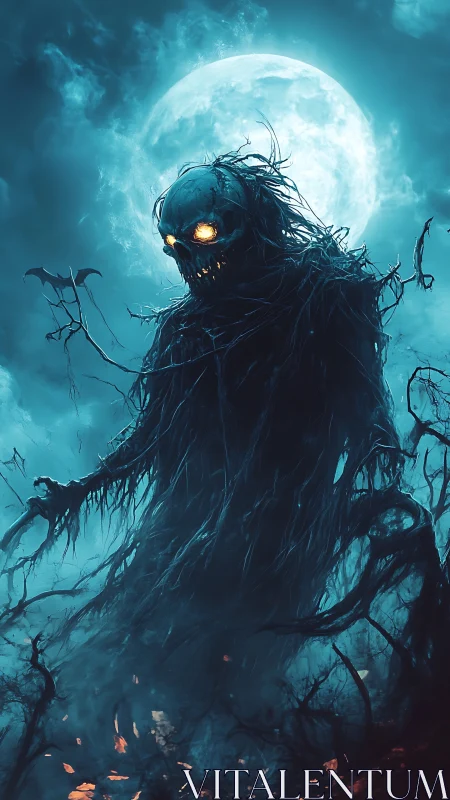Skeletal wraith rises before a luminous full moon in mist