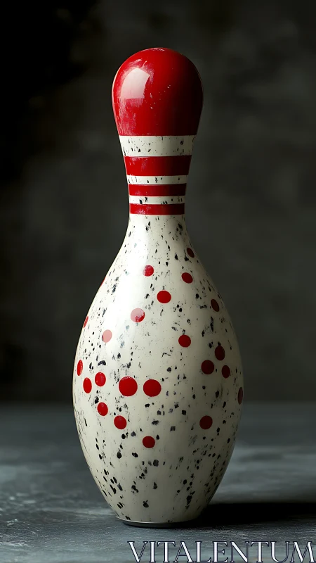 Single red and white bowling pin on neutral studio background.