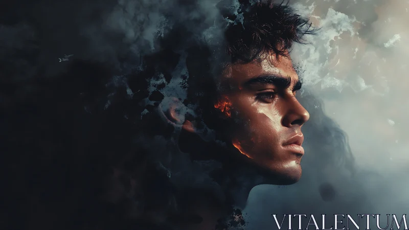 Volatile portrait of a young man dissolving into luminous vapor.