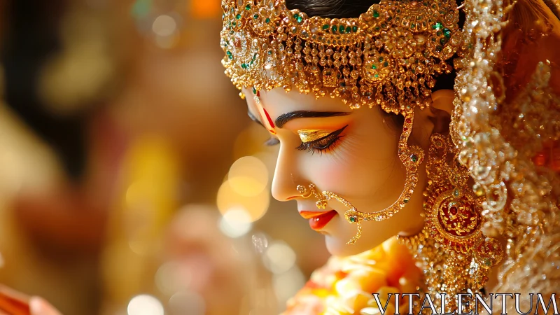 Ornate deity statue in close profile with golden jewelry