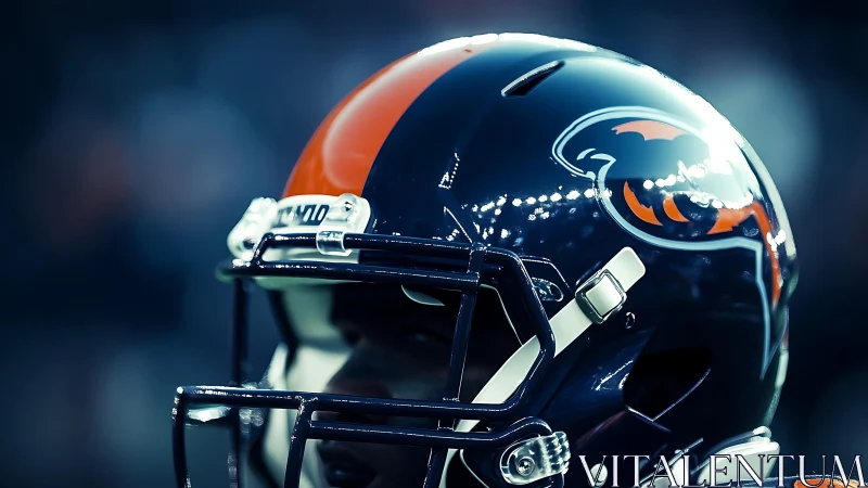 Close-up football helmet glows under dramatic stadium lights.