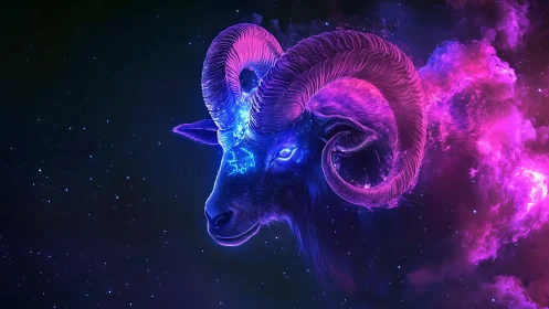Neon ram head glowing in deep cosmic space clouds.