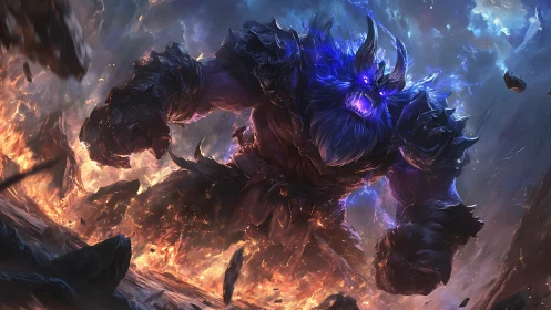 Thunderous blue demon strides through fire with fierce power