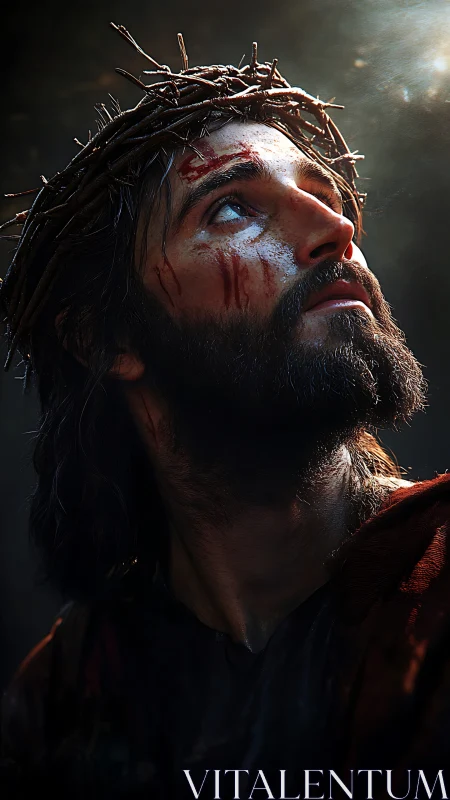 Bearded man with thorn crown looks upward into strong light