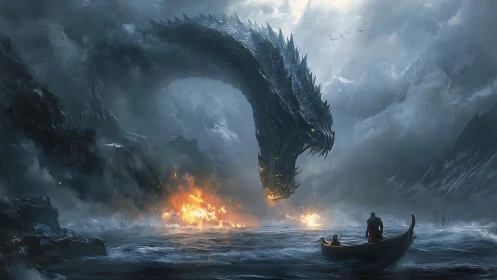 Colossal sea dragon descends on burning fjord in storm.