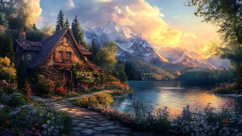 Stone cottage stands beside reflective lake and distant peaks