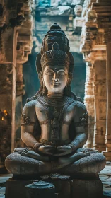 Stone Hindu deity statue in ancient temple interior.