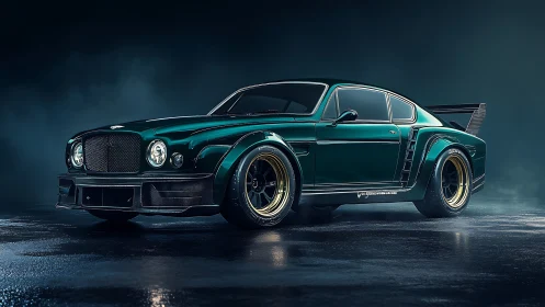 Green widebody luxury coupe rendered with racing modifications