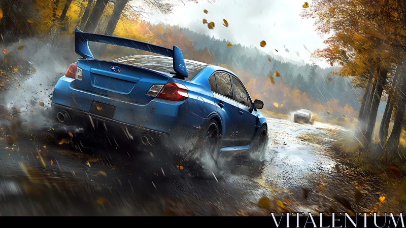 Blue rally sedan powers through wet autumn forest corner.