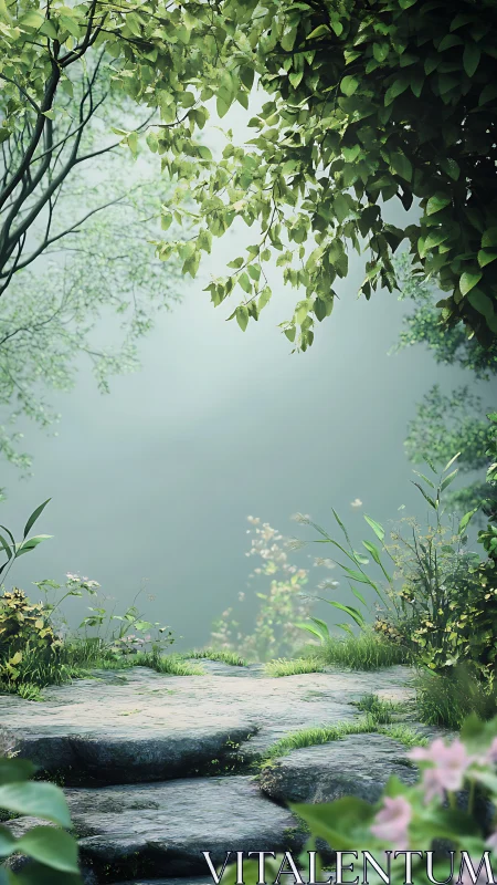 Stone path in dense green foliage under diffused daylight